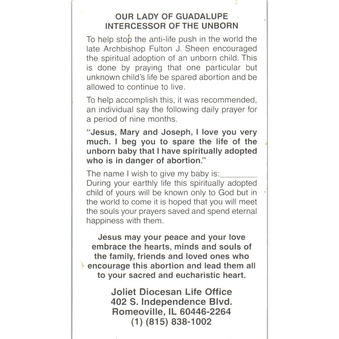 Our Lady of Guadalupe Joliet Diocesan Romeoville IL Vintage Prayer Card TH2-PC1