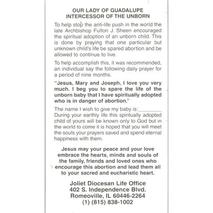 Our Lady of Guadalupe Joliet Diocesan Romeoville IL Vintage Prayer Card TH2-PC1