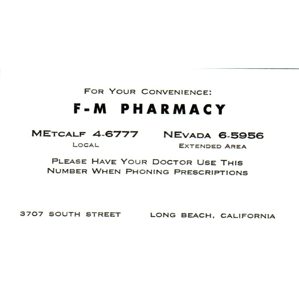 F-M Pharmacy Long Beach CA Vintage Business Card SD8-B16