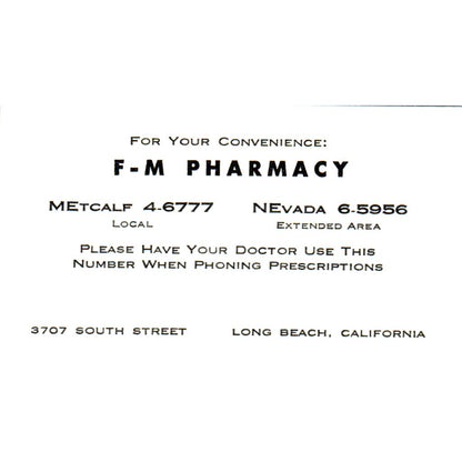 F-M Pharmacy Long Beach CA Vintage Business Card SD8-B16
