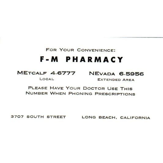 F-M Pharmacy Long Beach CA Vintage Business Card SD8-B16