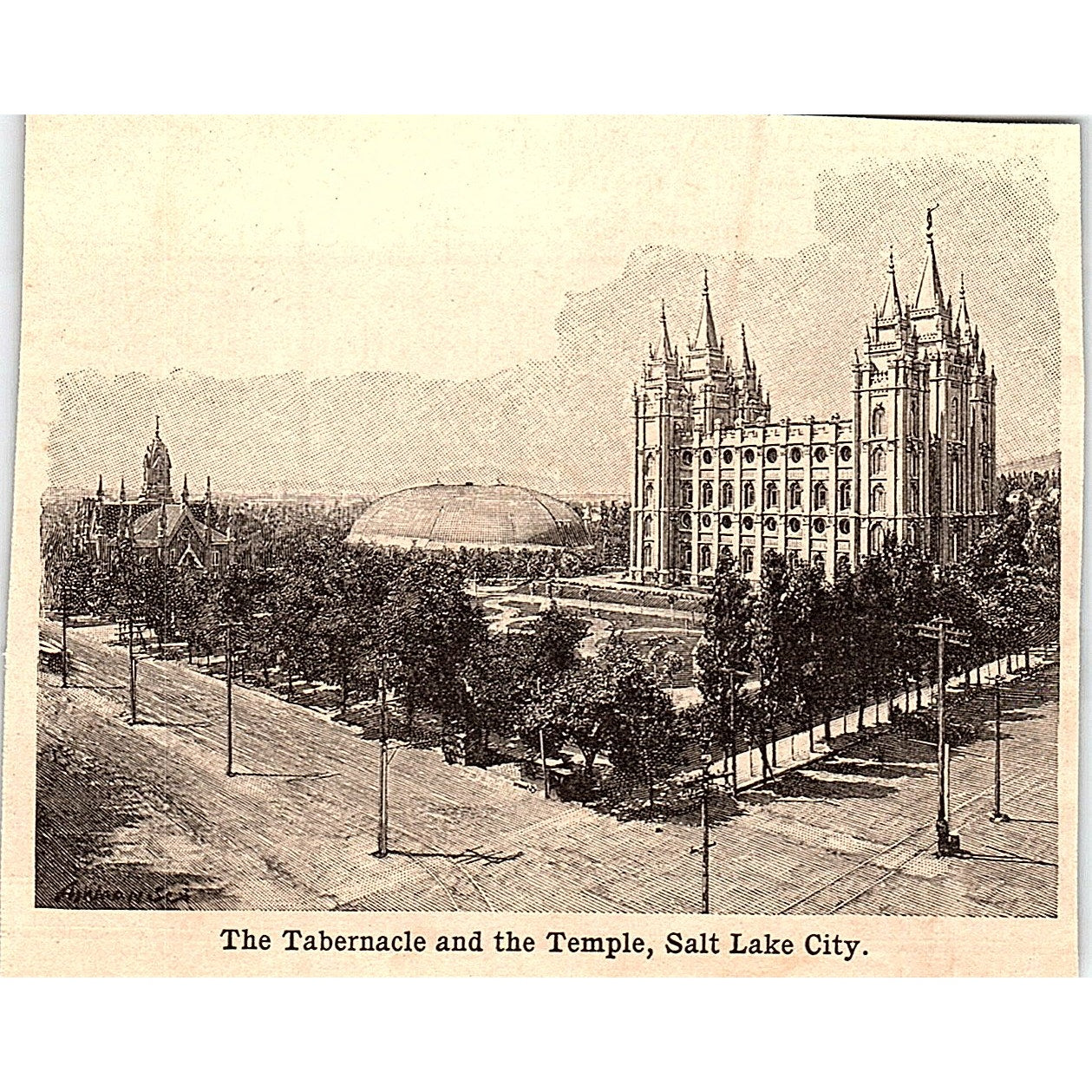 The Tabernacle and Temple at Salt Lake City UT 3x4" 1901 Engraving AF6-M13