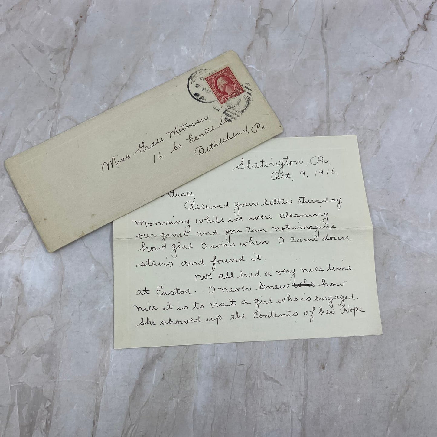 1916 Handwritten Letter Slatington PA to Grace Mitman Bethlehem PA EA5