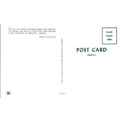 McAllister Bridge Little Raccoon Creek Rockville IN Covered Bridge Postcard PC2