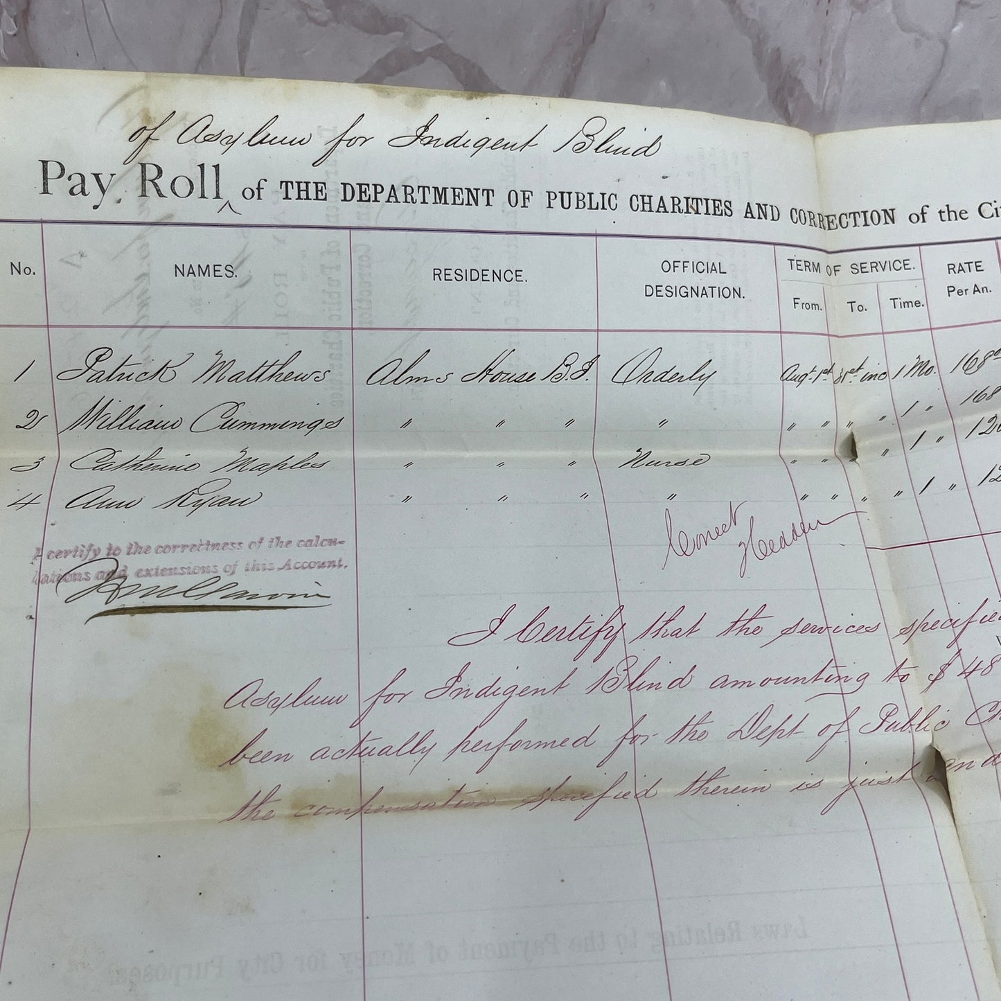 1874 NY Dept of Public Charities and Correction Payroll Asylum for Blind TJ5-E2