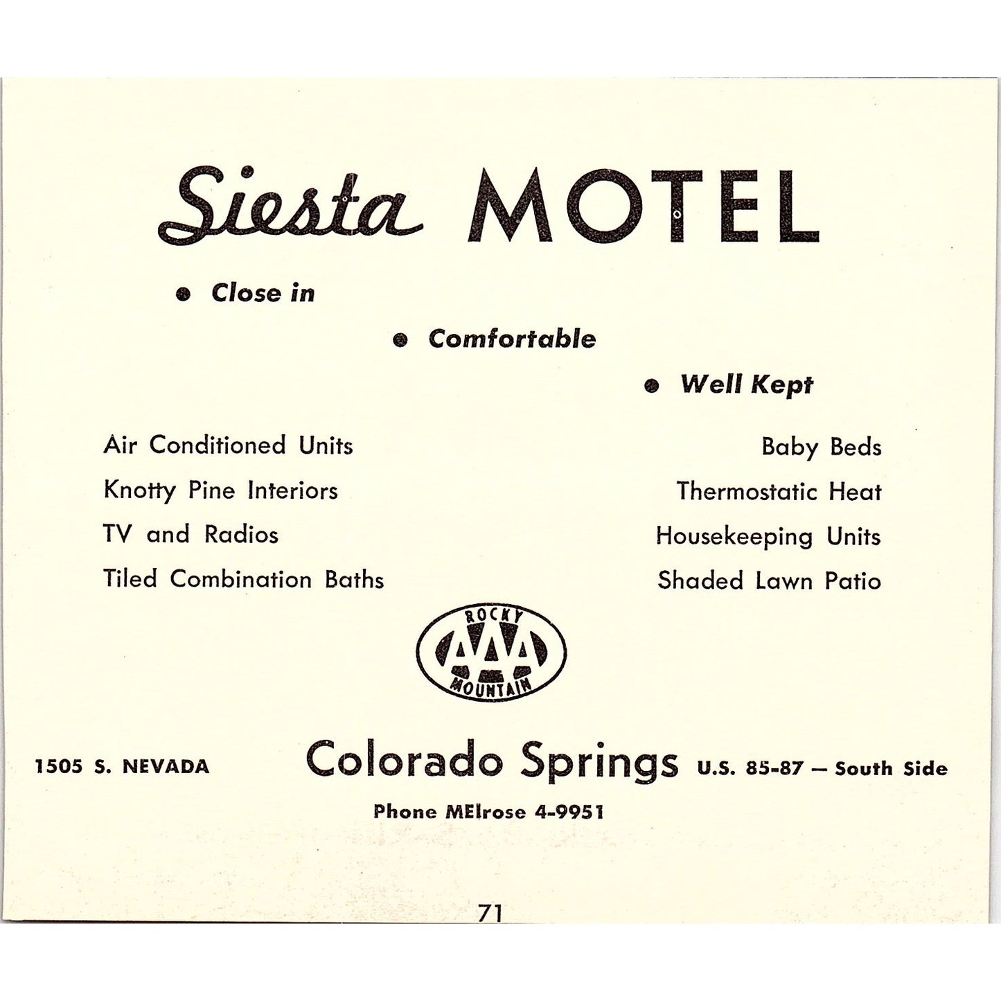 Bungalow Court, Siesta Motel Colorado Springs CO 1958 Ad AG1-H2