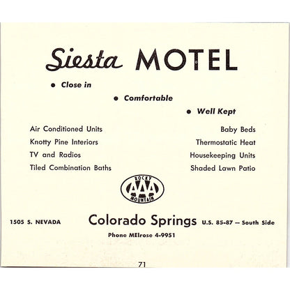 Bungalow Court, Siesta Motel Colorado Springs CO 1958 Ad AG1-H2