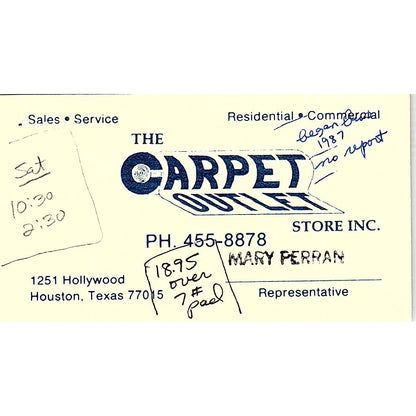 Mary Perran The Carpet Outlet Houston Vintage Business Card SC9-B11