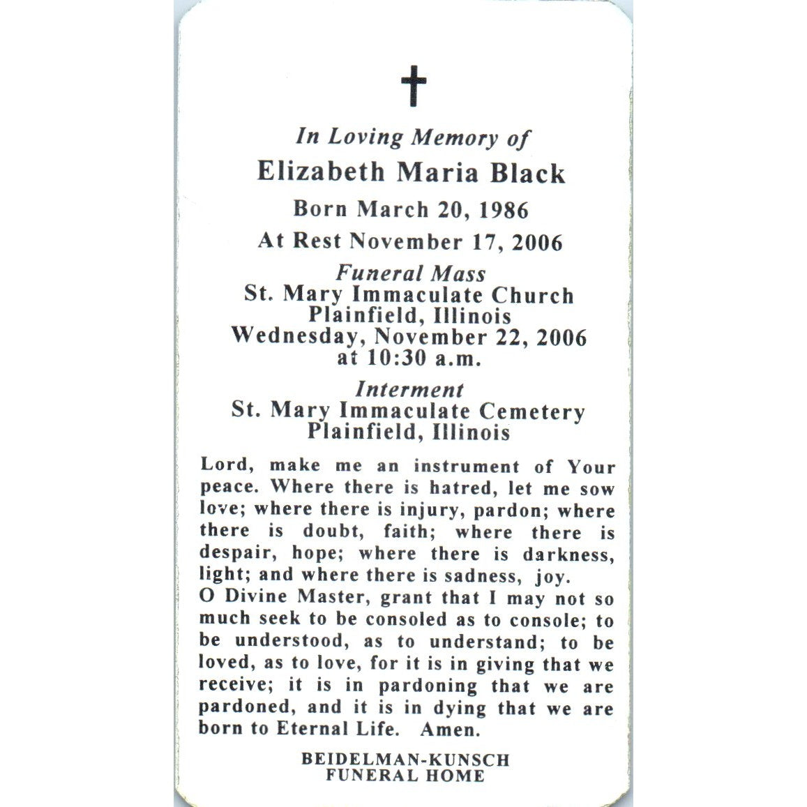 2006 Elizabeth Maria Black Plainfield IL Funeral Prayer Card TH2-PC1
