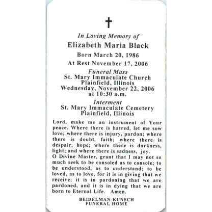 2006 Elizabeth Maria Black Plainfield IL Funeral Prayer Card TH2-PC1