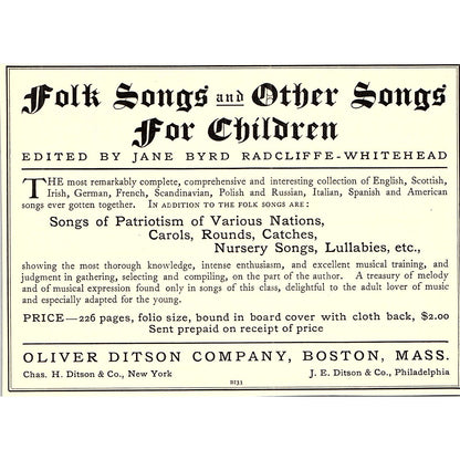 Folk Songs for Children Jane Byrd Oliver Ditson Co Boston - 1904 Ad AF5-2