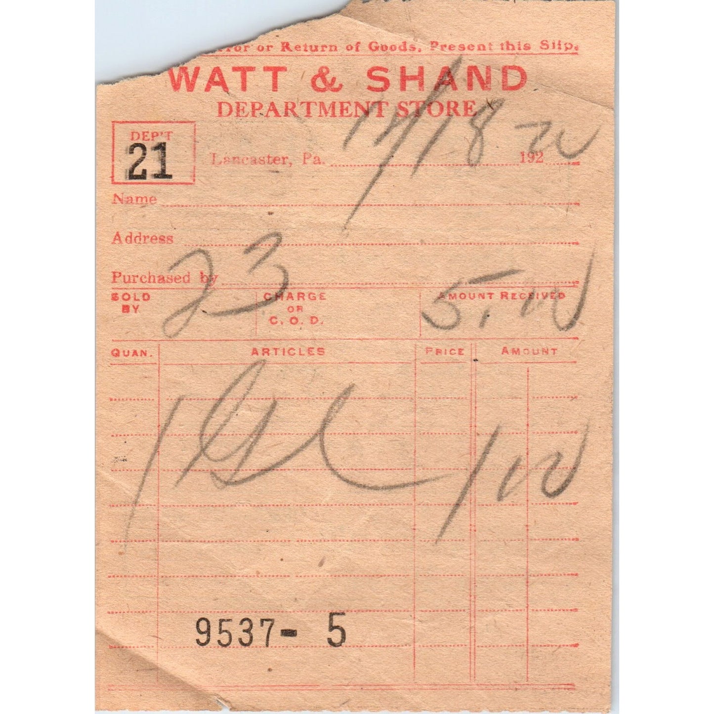 1920s Watt & Shand Department Store Lancaster PA Receipt D21