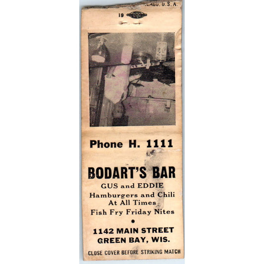 Bodart's Bar Gus & Eddie Green Bay WI Vintage Matchbook Cover SD4-Y17