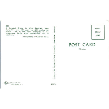 West Swanzey Bridge NH Covered Bridge Postcard PC4