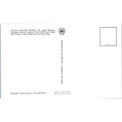 Wallace Fountain County Indiana Mill Creek Covered Bridge Postcard PB10