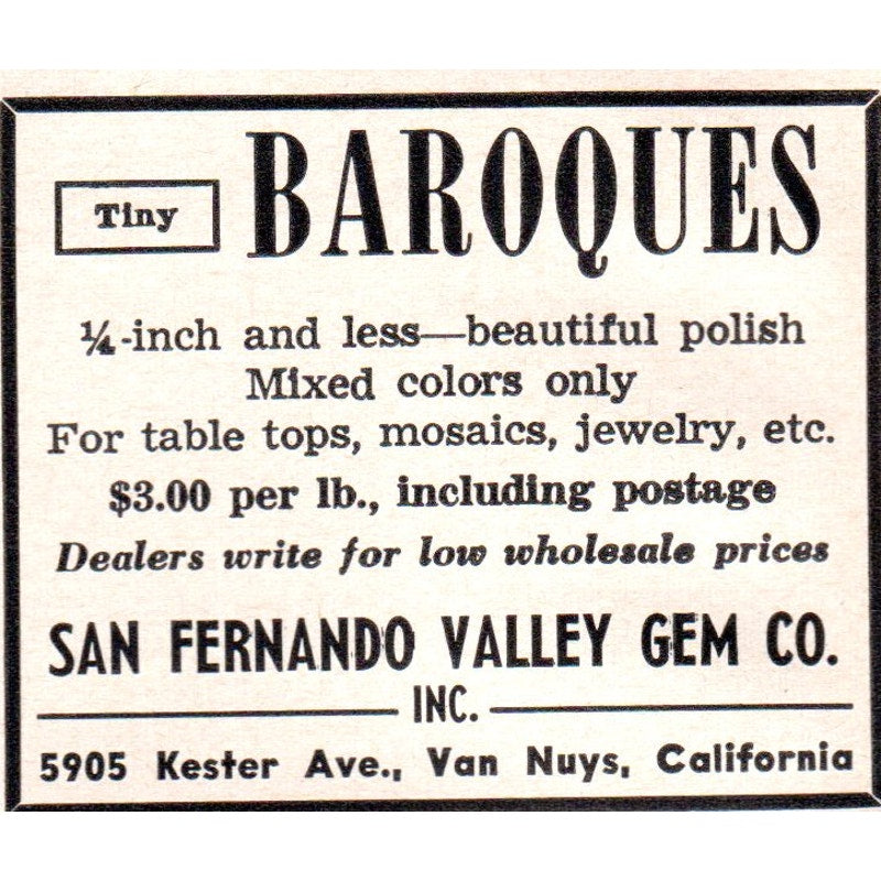 San Fernando Valley Gem Co Baroques Van Nuys CA 1964 Magazine Ad AB6-M1