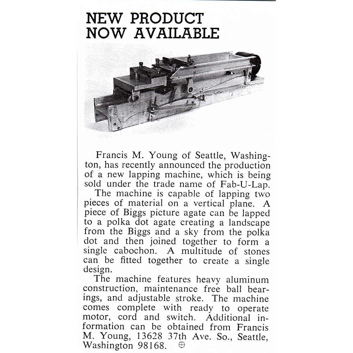 Francis M Young Lapping Machine Seattle WA 1972 Ad AF8-M3