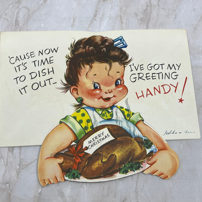 1950s Christmas Greeting Card Popup Boy WIth Turkey AE3