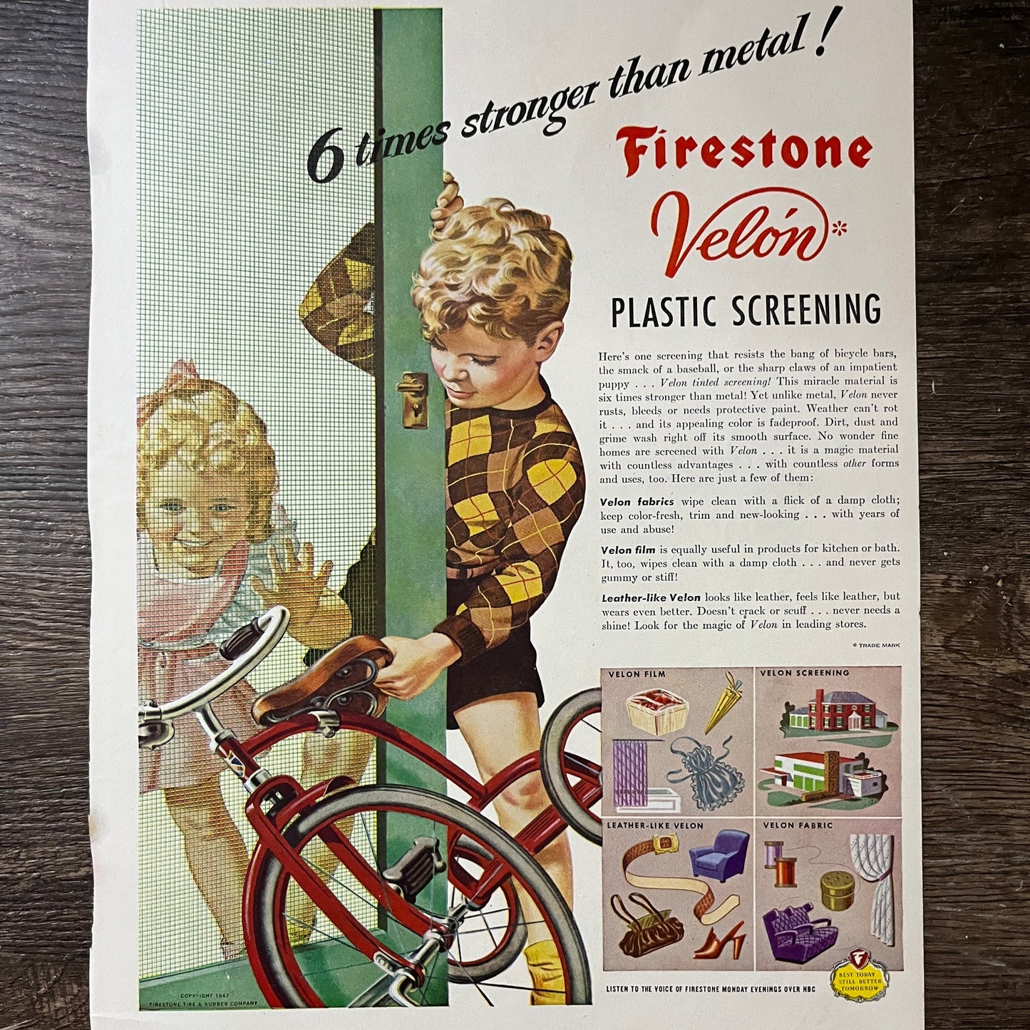 Firestone Velón Plastic Screening Boy With Tricycle Magazine Ad 10x14 V7