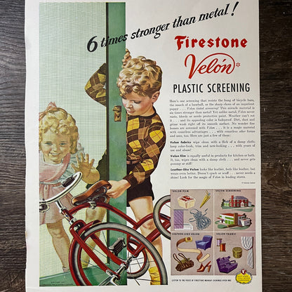 Firestone Velón Plastic Screening Boy With Tricycle Magazine Ad 10x14 V7