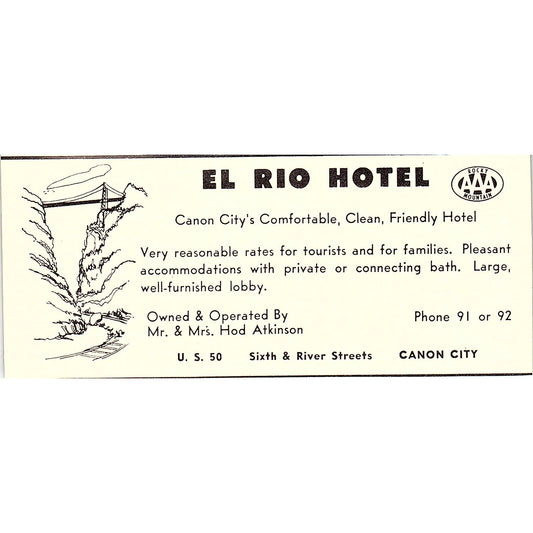 El Rio Hotel Hod Atkinson Canon City CO 1958 Ad AG1-M4