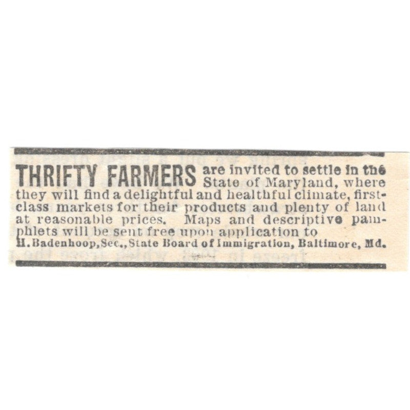 MD Farming H. Badenhoop Immigration Board Baltimore 1905 Magazine Ad AF1-NES2