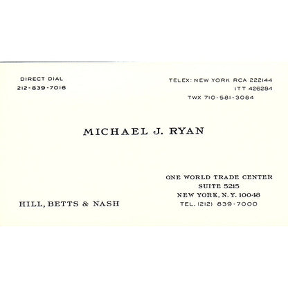 Michael J Ryan Hill, Betts & Nash New York Vintage Business Card SC9-B2