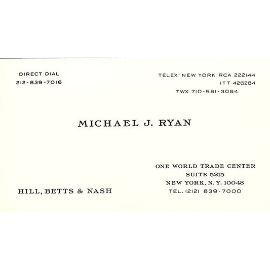 Michael J Ryan Hill, Betts & Nash New York Vintage Business Card SC9-B2