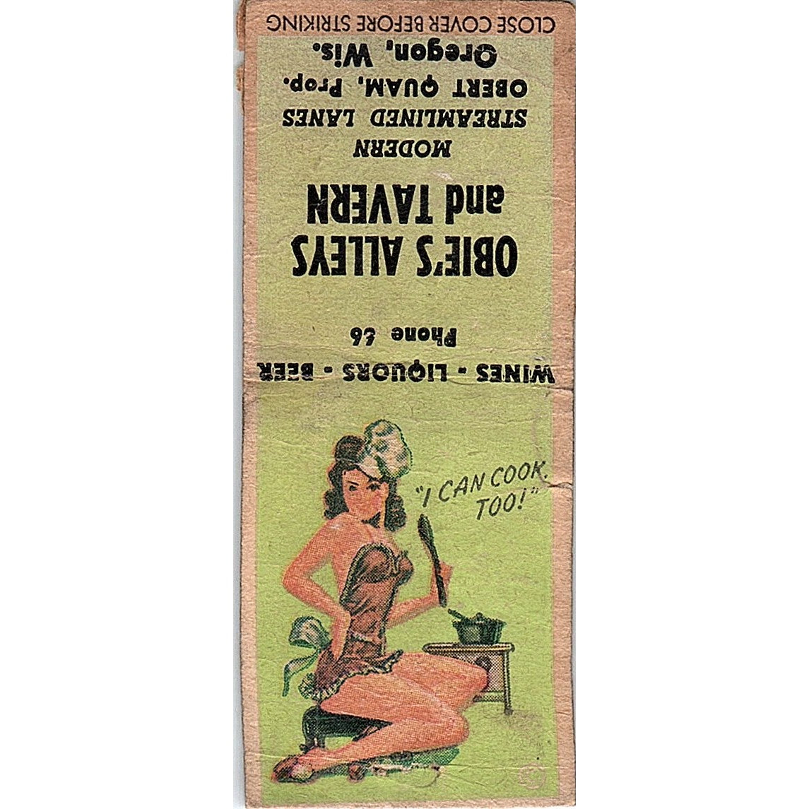 Obie's Alleys and Tavern Obert Quamm Oregon WI Pinup Vtg Matchbook Cover SF3-Y6