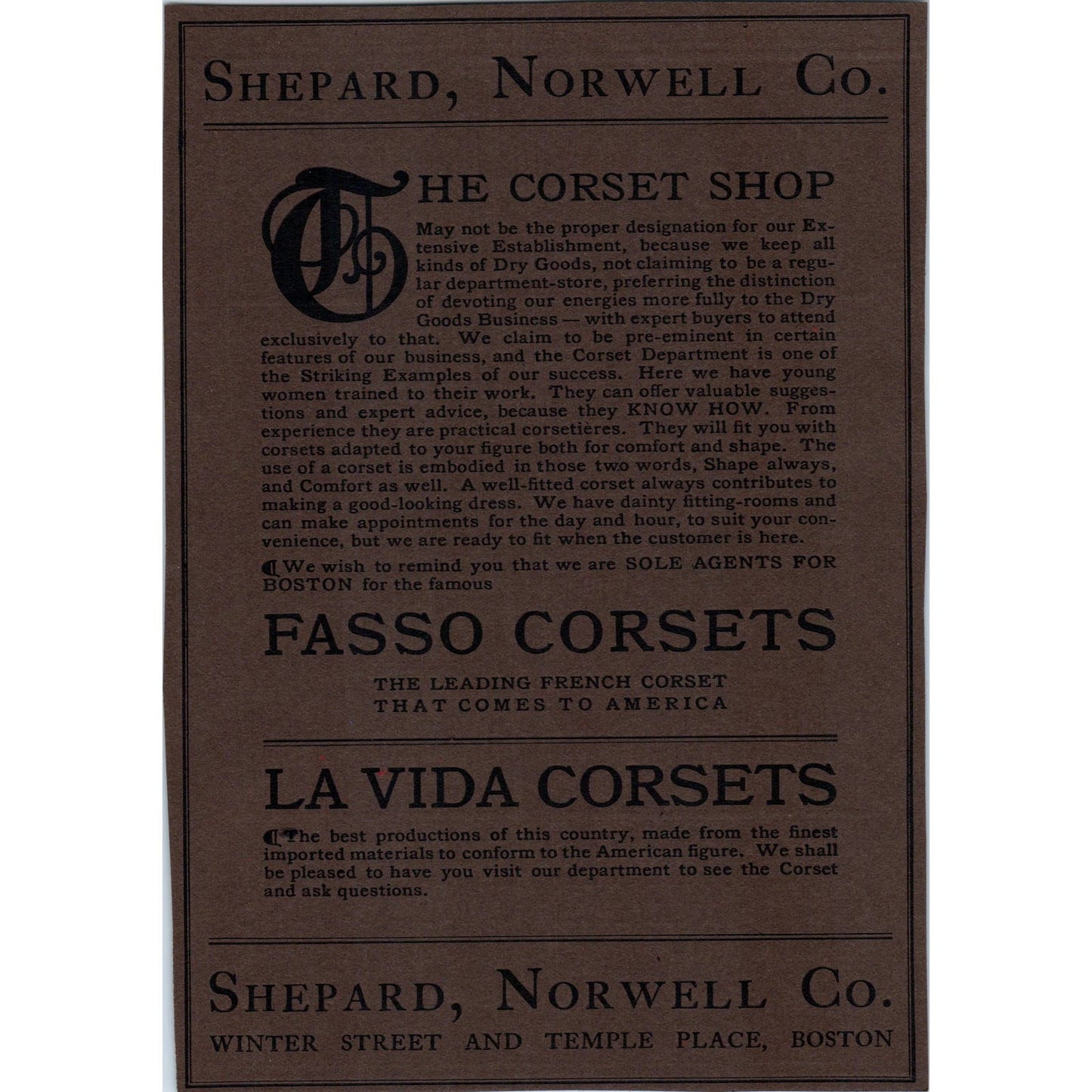 La Vida Fasso Corsets Shepard, Norwell Co. Boston c1905 Victorian Ad D12