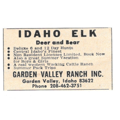 Garden Valley Ranch Idaho Elk Garden Valley Idaho 1977 Ad AF6-S3