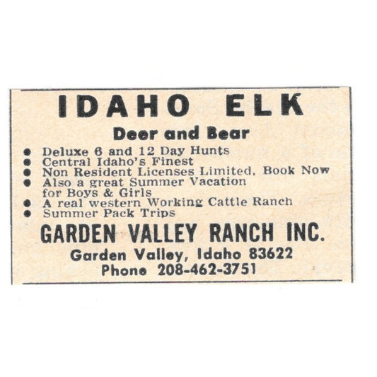 Garden Valley Ranch Idaho Elk Garden Valley Idaho 1977 Ad AF6-S3