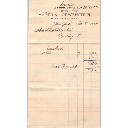 1900 Mayer & Loewenstein New York Original Billhead Letterhead Receipt AE7