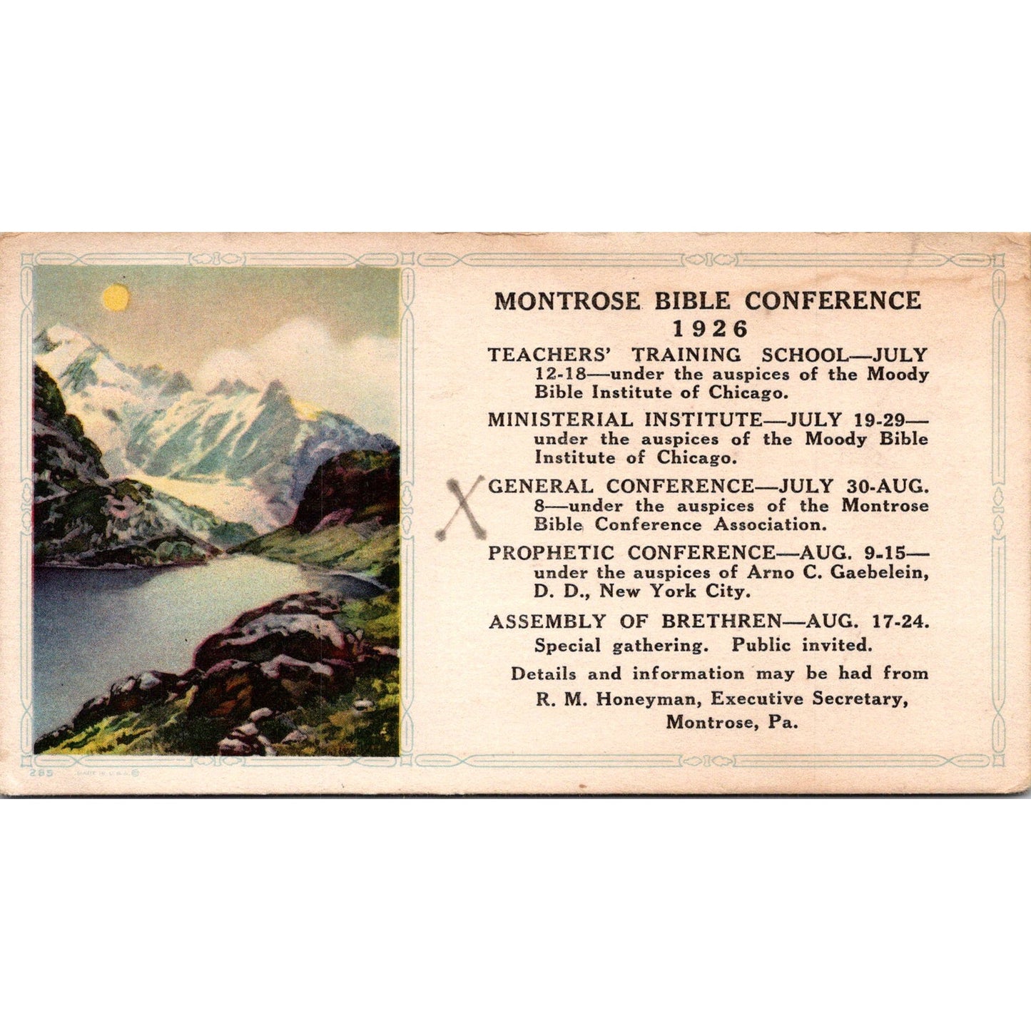 1926 Montrose Bible Conference R.M. Honeyman Montrose PA Blotter Card AJ5-H4