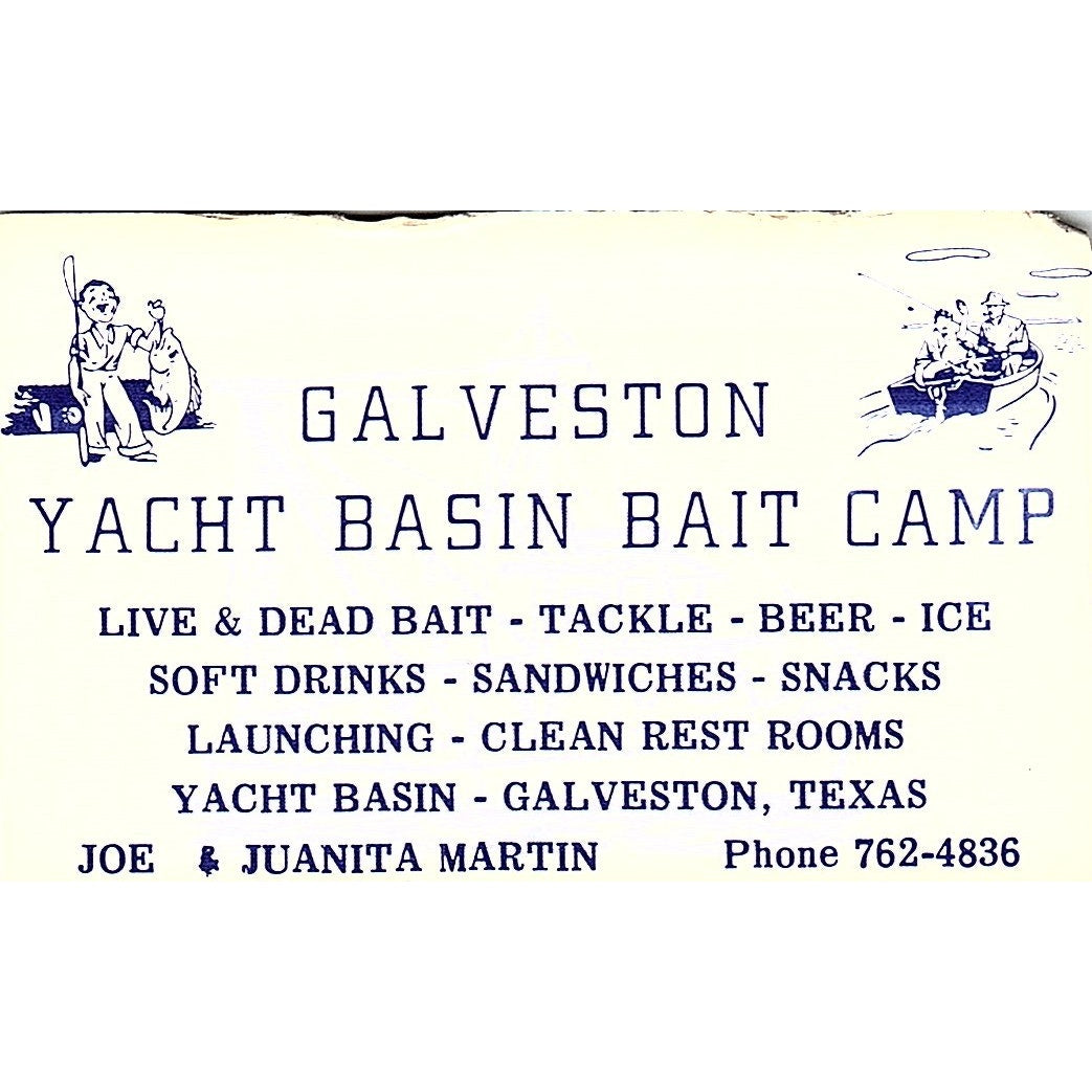 Galveston Yatch Basin Bait Camp Joe Martin Texas Vintage Business Card SB4-B10
