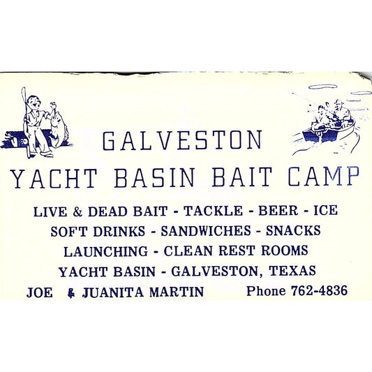Galveston Yatch Basin Bait Camp Joe Martin Texas Vintage Business Card SB4-B10