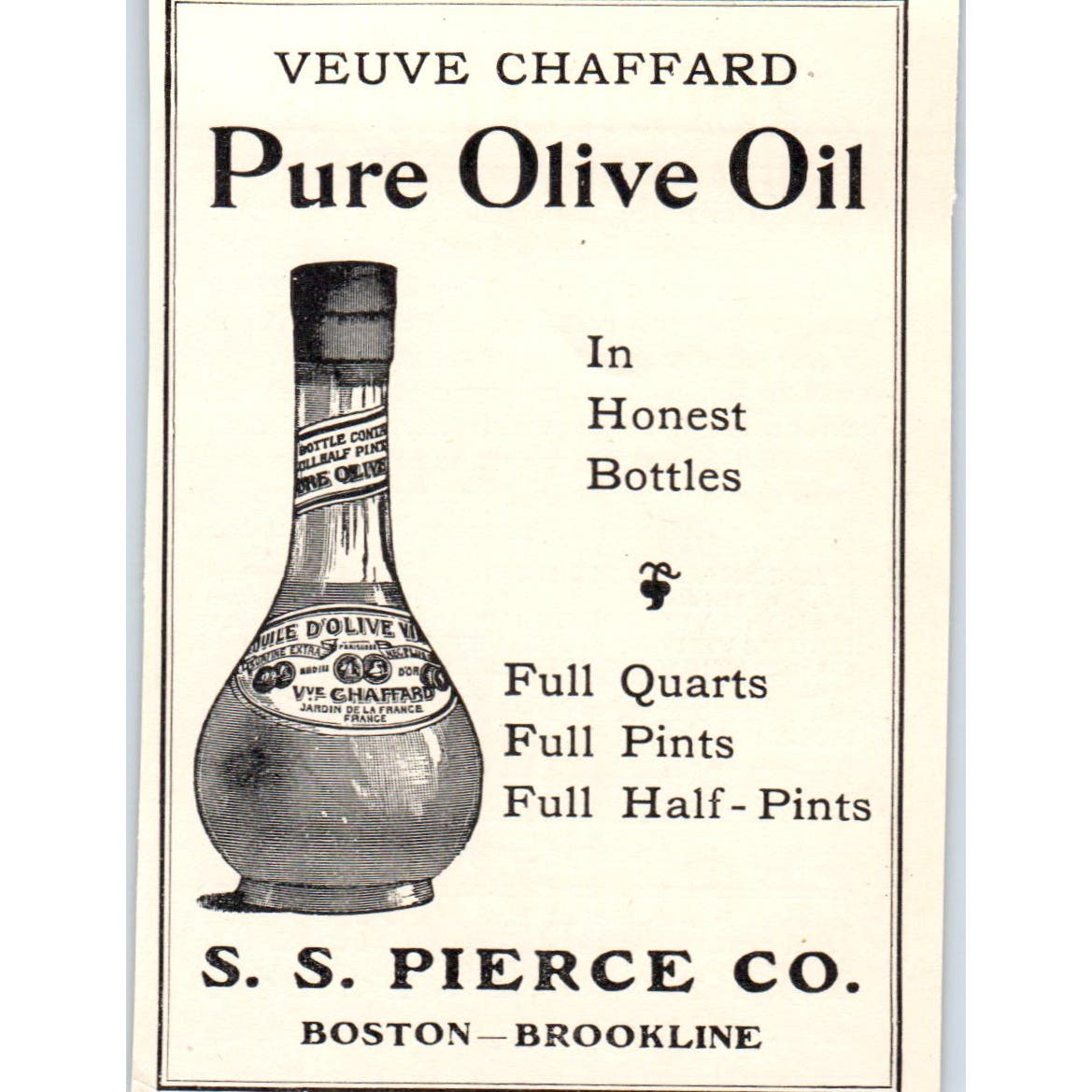 S.S. Pierce Co. Pure Olive Oil Boston Brookline c1905 Victorian Ad AE9-MA6