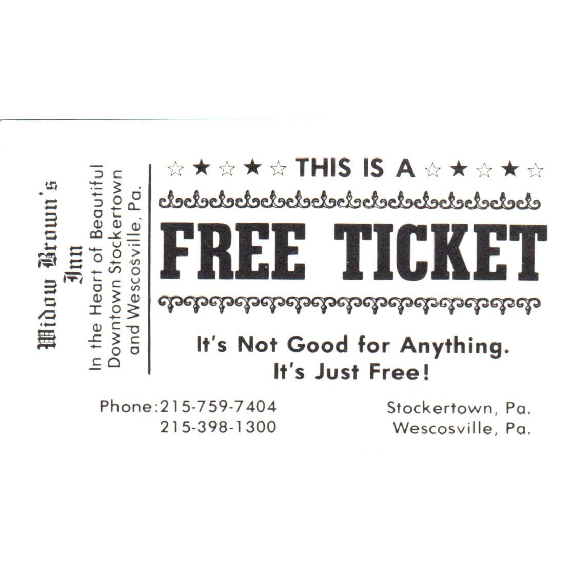 Vintage Business Card Widow Brown's Inn Stockertown & Wescosville PA AE5