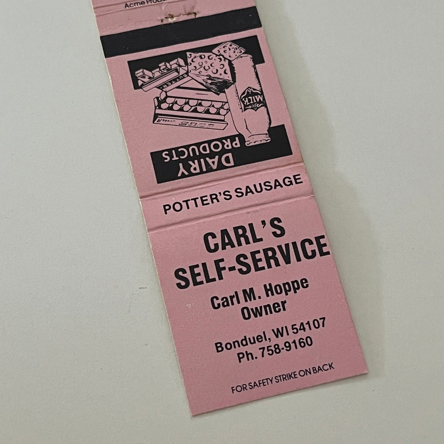 Carl's Self-Service Carl M Hoppe Potters Sausage Bonduel WI Matchbook MM5-9