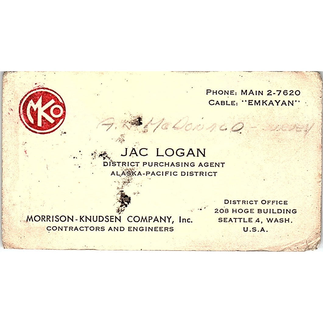 Jac Logan Morrison-Knudsen Company Seattle WA Vintage Business Card SD9-B3