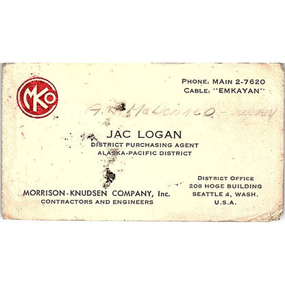 Jac Logan Morrison-Knudsen Company Seattle WA Vintage Business Card SD9-B3