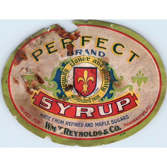 Vintage Perfect Brand Maple Syrup Wm. T. Reynolds Label Poughkeepsie NY AF1-RR4