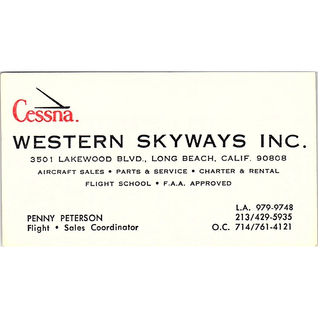 Cessna Western Skyways Inc Penny Peterson Long Beach CA Business Card SE3-B16