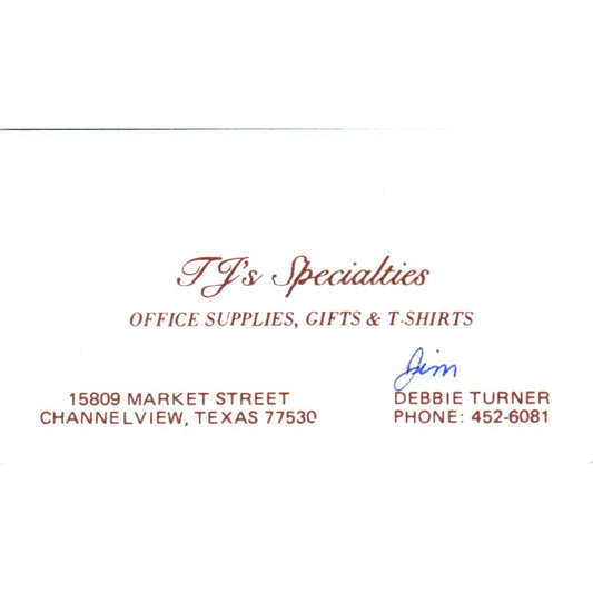Debbie Turner TJ's Specialties Channelview TX Vintage Business Card SE3-B5