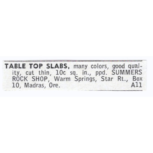 Table Top Slabs - Summers Rock Shop Madras Oregon 1964 Magazine Ad AB6-S8