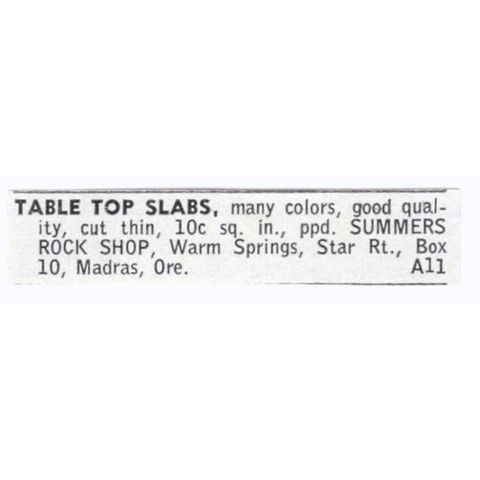 Table Top Slabs - Summers Rock Shop Madras Oregon 1964 Magazine Ad AK6-S8