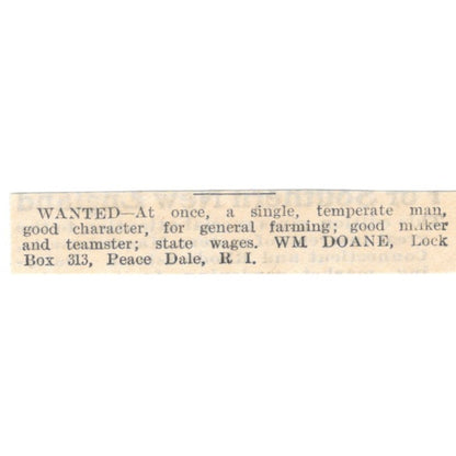 Wanted Farmhand Wm. Doane Peace Dale RI 1905 Magazine Ad AF1-NES2