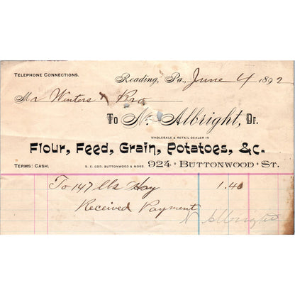 1892 N. Albright Flour & Grain Reading PA Original Billhead Letterhead Receipt AE7