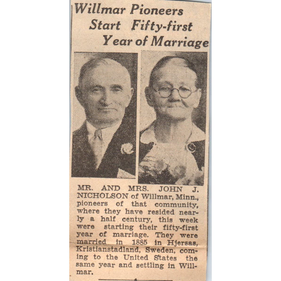 Willmar MN John J. Nicholson 50th Anniversary 1935 Newspaper Article AE7-N5