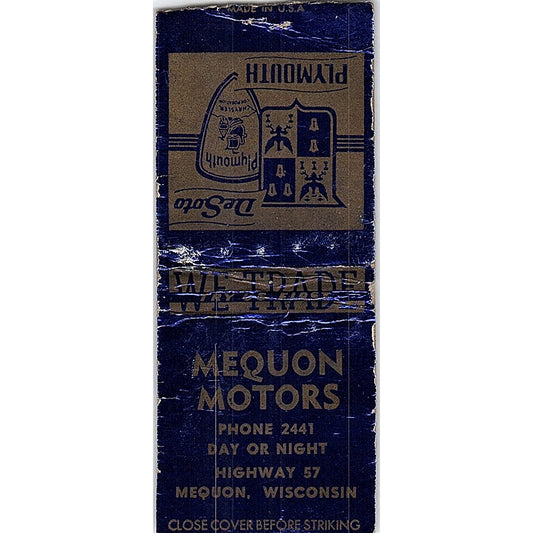 Mequon Motors DeSoto Plymouth Mequon WI Vintage Matchbook Cover SF3-Y7